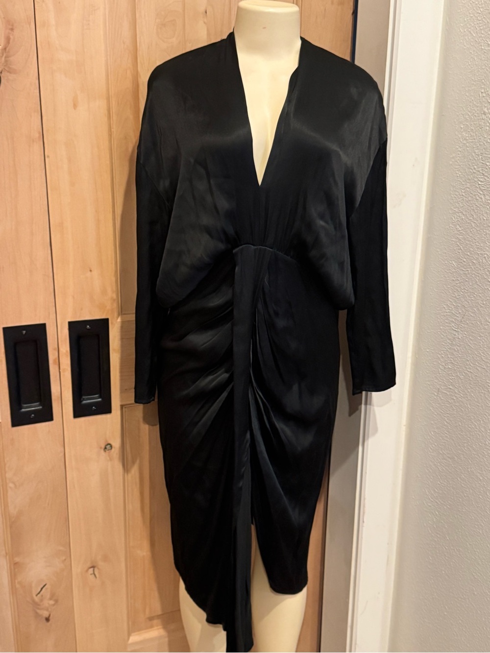 AVAVAV Black Draped Satin V-Neck Midi Dress Sz XS/S Cocktail Wedding Guest Italy